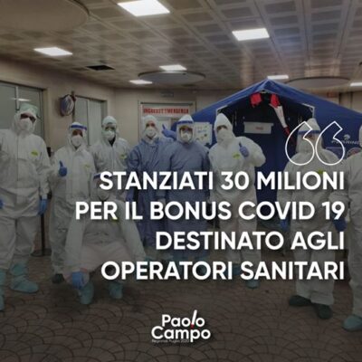 Stanziati 30 milioni per il bonus Covid 19 destinato agli operatori sanitari