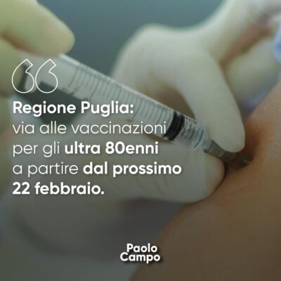 Via alle vaccinazioni per gli ultra 80enni a partire dal prossimo 22 febbraio